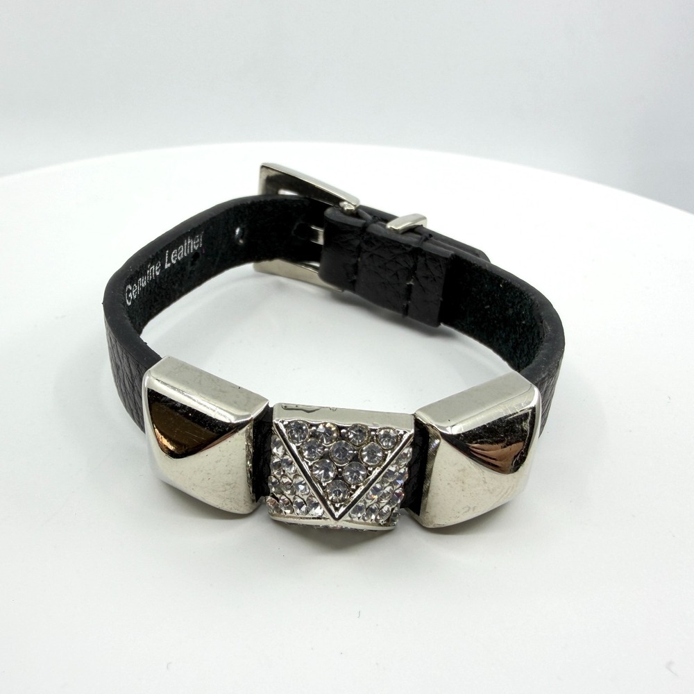 Genuine Leather Crystal Buckle Bracelet Gothic Punk Statement Cuff Accessory